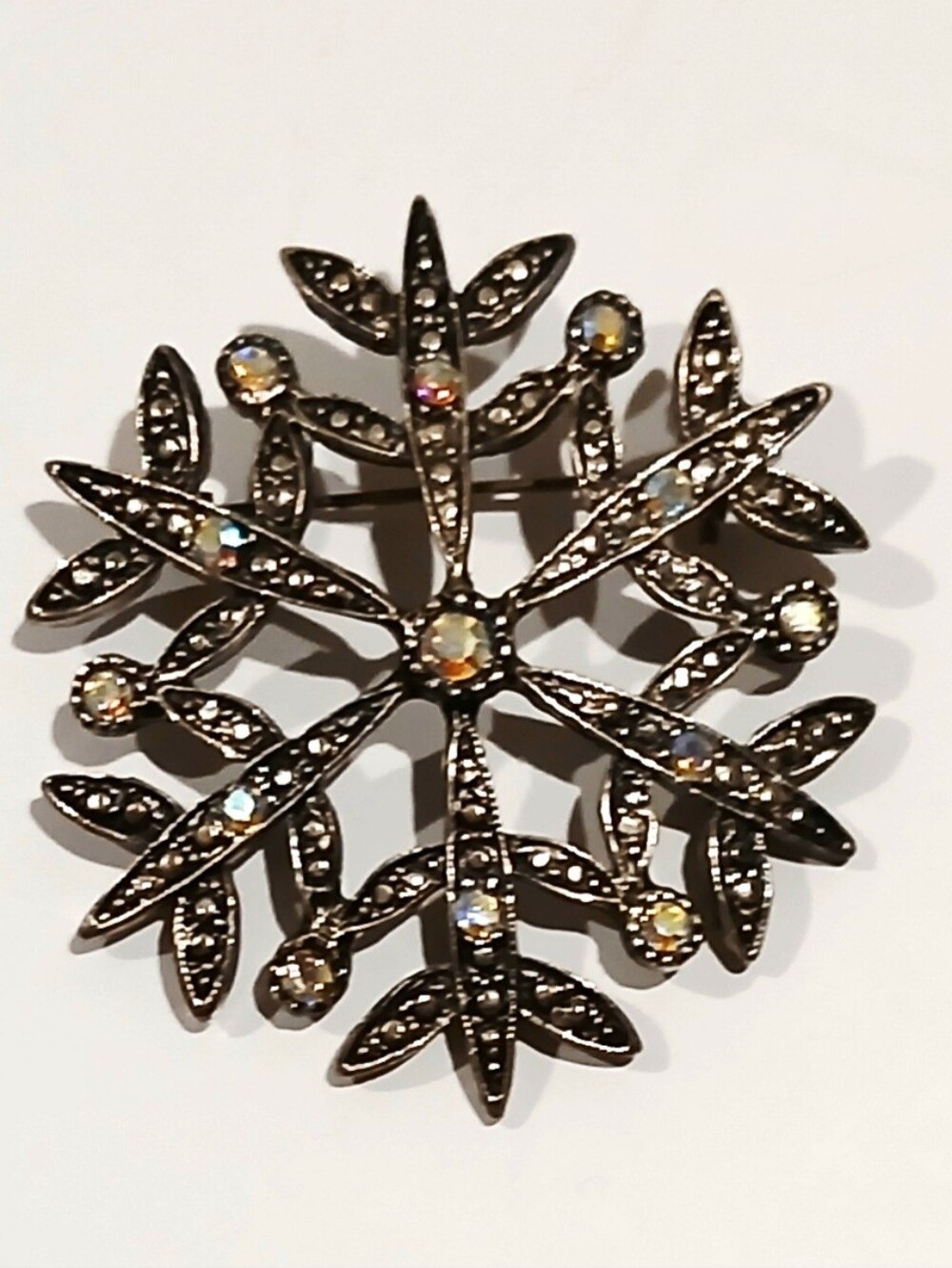 Vintage Rhinestone Snowflake Brooch in Silver Tone